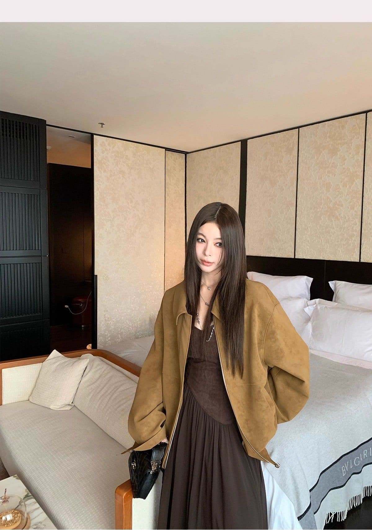 레트로 스웨이드 재킷 여성 가을 아메리칸 루즈핏 폴로 칼라 캐주얼 다용도 재킷 맨위 고급 겉옷 상세 이미지 4