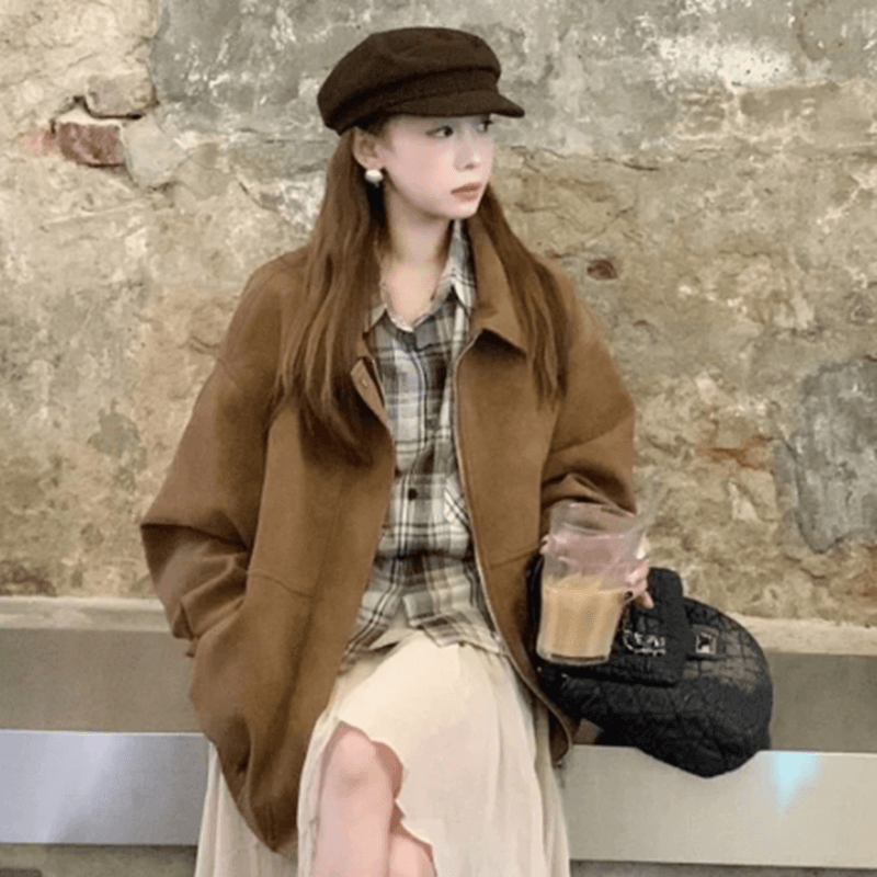 아메리칸 스웨이드 원단 폴로 칼라 여성 코트 가을 겨울 루즈핏 패션 두꺼운 브라운 캐주얼 재킷 맨위 이미지 2