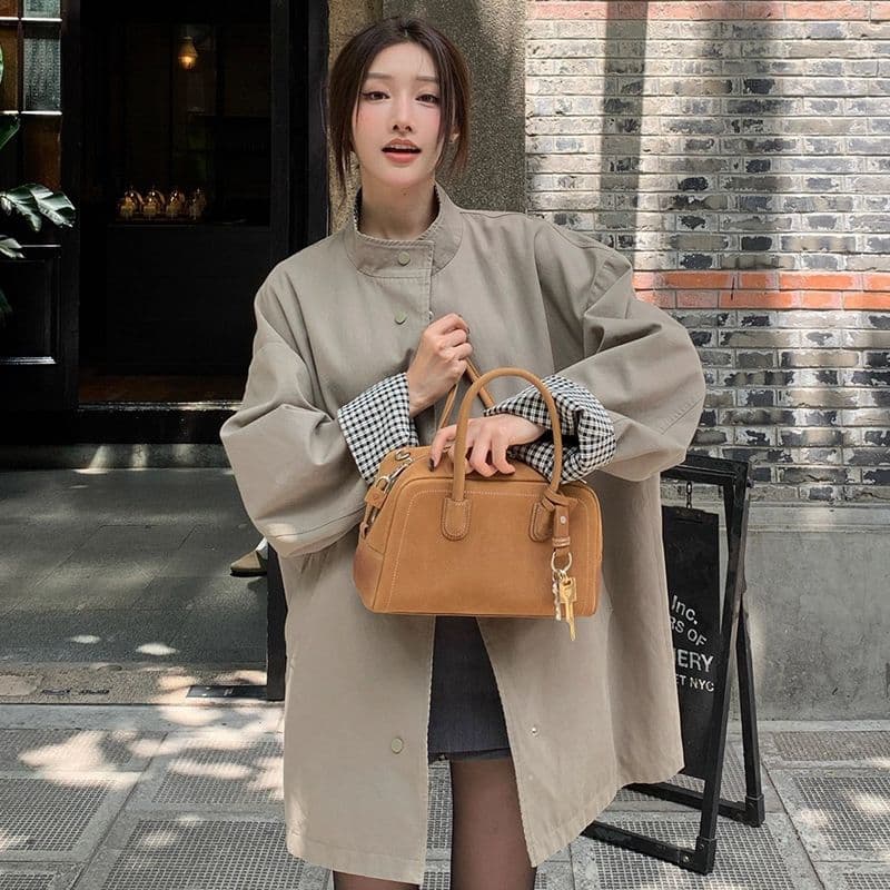 고급 센스 품격 느긋한 바람 디자인 센스 양면 착용 체크무늬 스탠드 칼라 질감 바람막이 여성 코트 중간 길이 맨위 이미지 4