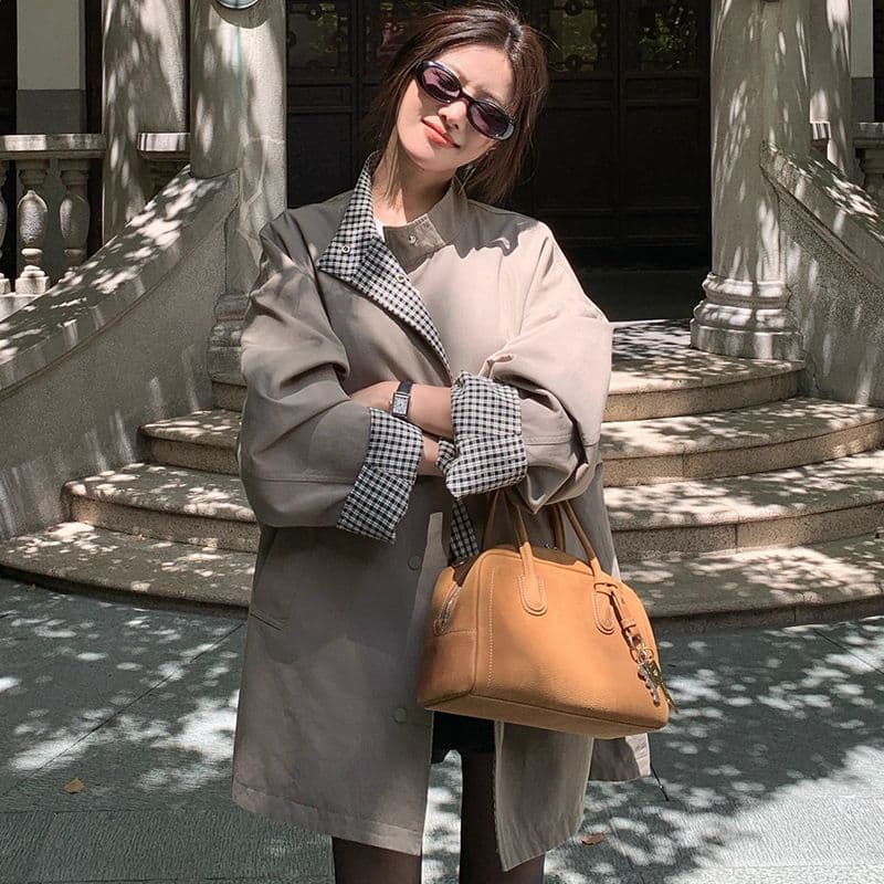 고급 센스 품격 느긋한 바람 디자인 센스 양면 착용 체크무늬 스탠드 칼라 질감 바람막이 여성 코트 중간 길이 맨위 이미지 3