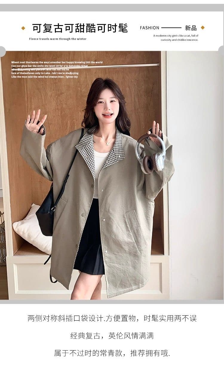 일본식 레트로 스탠드 칼라 고급 착용 체크무늬 바람막이 여성 코트 가을 겨울 새로운 루즈핏 중간 길이 영국식 바람 코트 상세 이미지 1