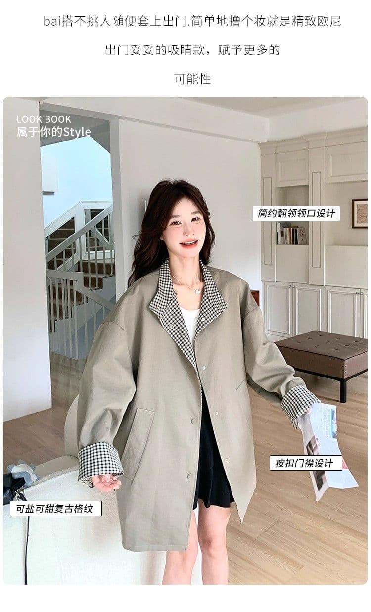 일본식 레트로 스탠드 칼라 고급 착용 체크무늬 바람막이 여성 코트 가을 겨울 새로운 루즈핏 중간 길이 영국식 바람 코트 상세 이미지 2