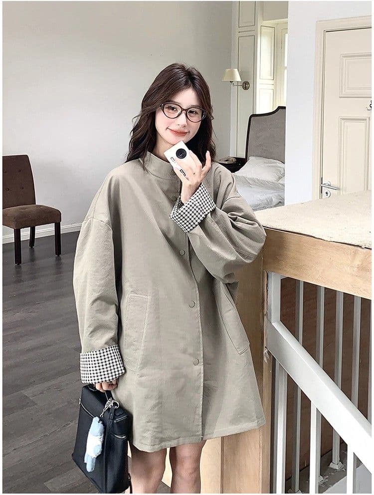 일본식 레트로 스탠드 칼라 고급 착용 체크무늬 바람막이 여성 코트 가을 겨울 새로운 루즈핏 중간 길이 영국식 바람 코트 상세 이미지 3