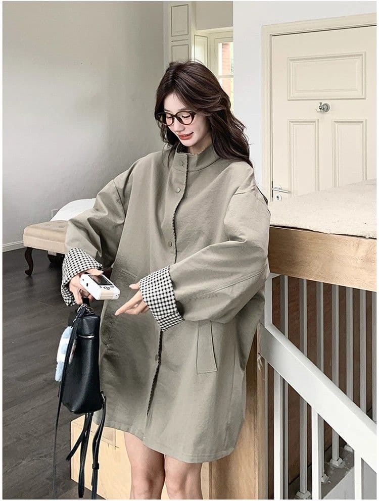 일본식 레트로 스탠드 칼라 고급 착용 체크무늬 바람막이 여성 코트 가을 겨울 새로운 루즈핏 중간 길이 영국식 바람 코트 상세 이미지 4