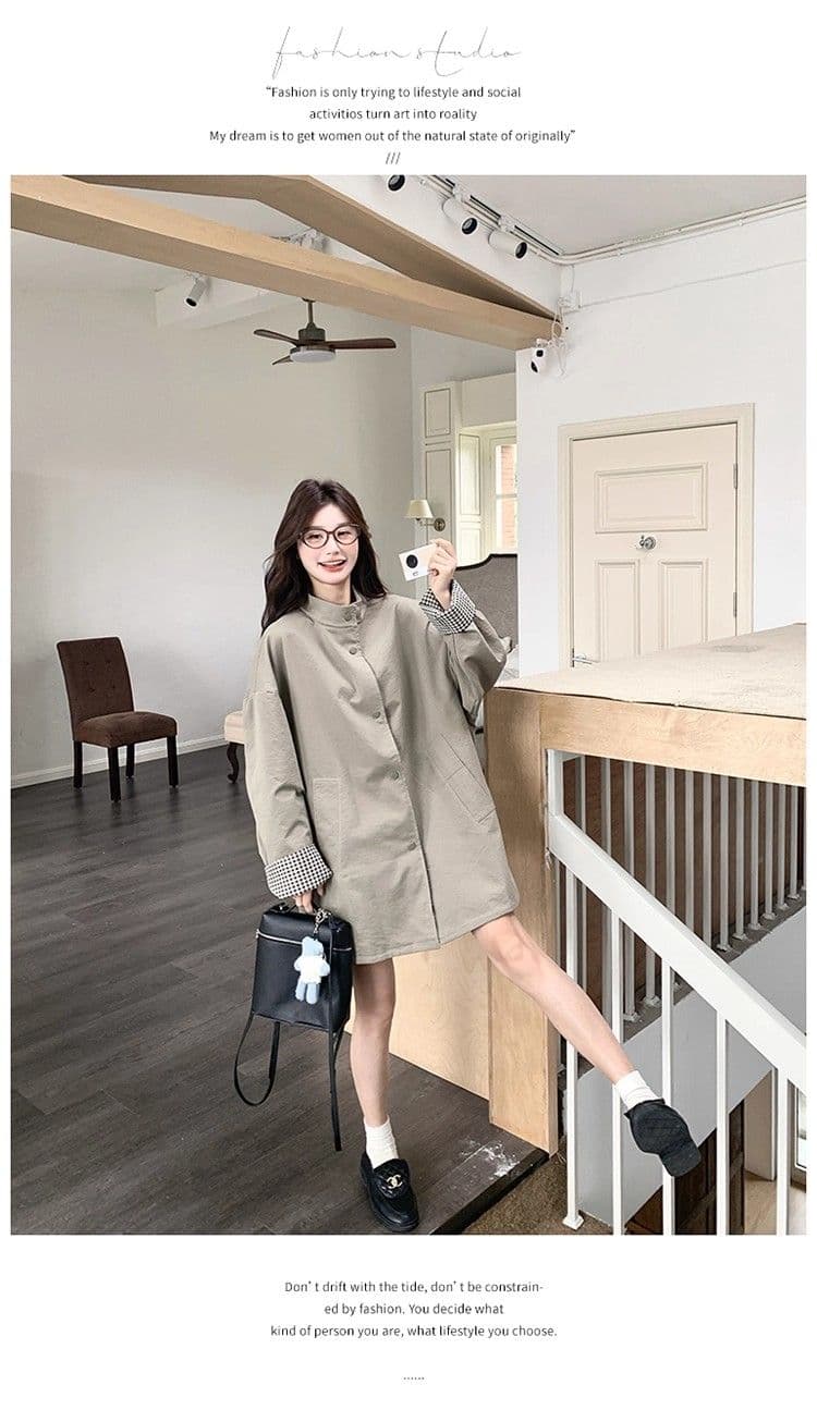 일본식 레트로 스탠드 칼라 고급 착용 체크무늬 바람막이 여성 코트 가을 겨울 새로운 루즈핏 중간 길이 영국식 바람 코트 상세 이미지 5