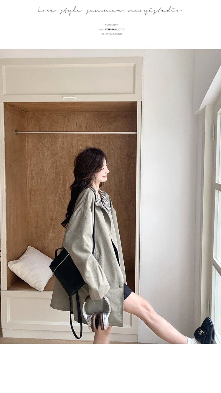 일본식 레트로 스탠드 칼라 고급 착용 체크무늬 바람막이 여성 코트 가을 겨울 새로운 루즈핏 중간 길이 영국식 바람 코트 상세 이미지 8