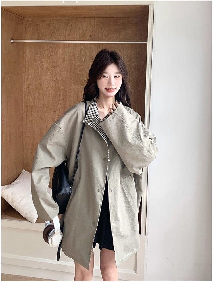 일본식 레트로 스탠드 칼라 고급 착용 체크무늬 바람막이 여성 코트 가을 겨울 새로운 루즈핏 중간 길이 영국식 바람 코트 상세 이미지 9