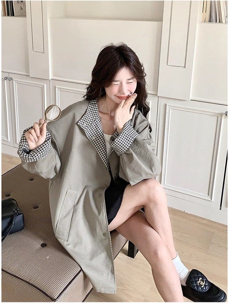 일본식 레트로 스탠드 칼라 고급 착용 체크무늬 바람막이 여성 코트 가을 겨울 새로운 루즈핏 중간 길이 영국식 바람 코트 상세 이미지 10