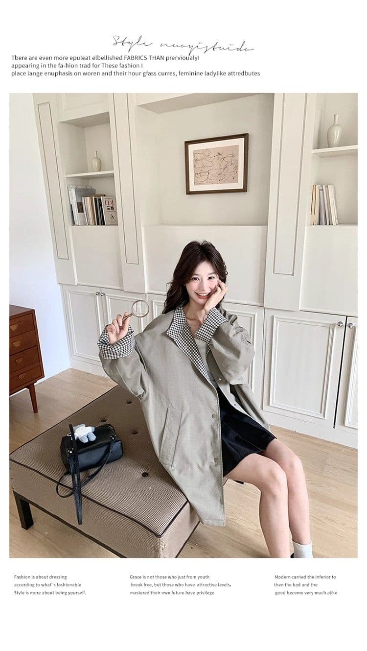 일본식 레트로 스탠드 칼라 고급 착용 체크무늬 바람막이 여성 코트 가을 겨울 새로운 루즈핏 중간 길이 영국식 바람 코트 상세 이미지 11