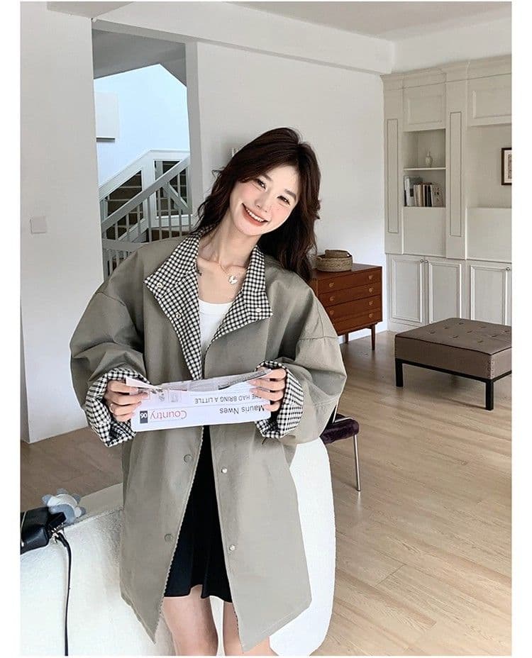 일본식 레트로 스탠드 칼라 고급 착용 체크무늬 바람막이 여성 코트 가을 겨울 새로운 루즈핏 중간 길이 영국식 바람 코트 상세 이미지 13