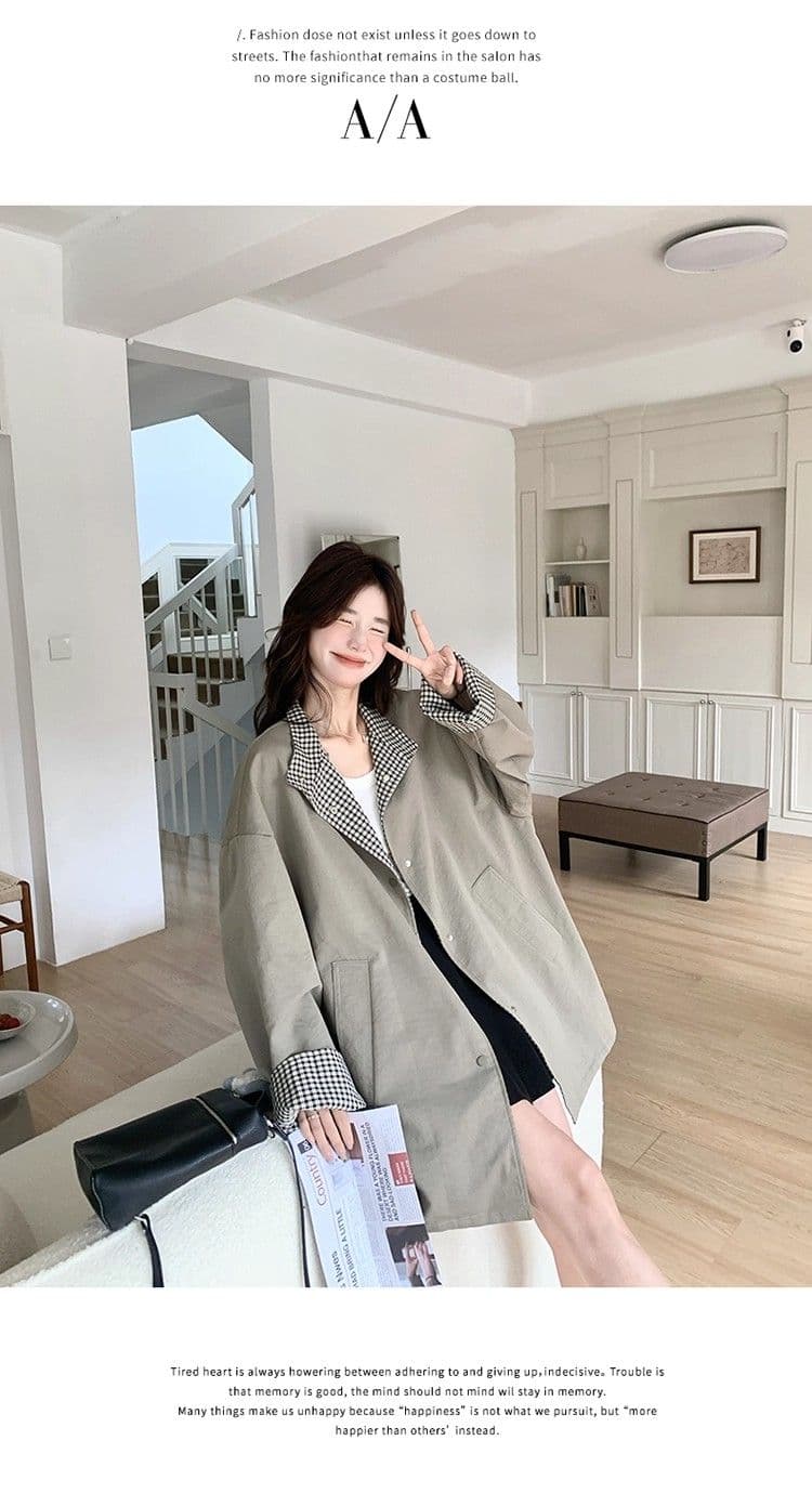 일본식 레트로 스탠드 칼라 고급 착용 체크무늬 바람막이 여성 코트 가을 겨울 새로운 루즈핏 중간 길이 영국식 바람 코트 상세 이미지 14