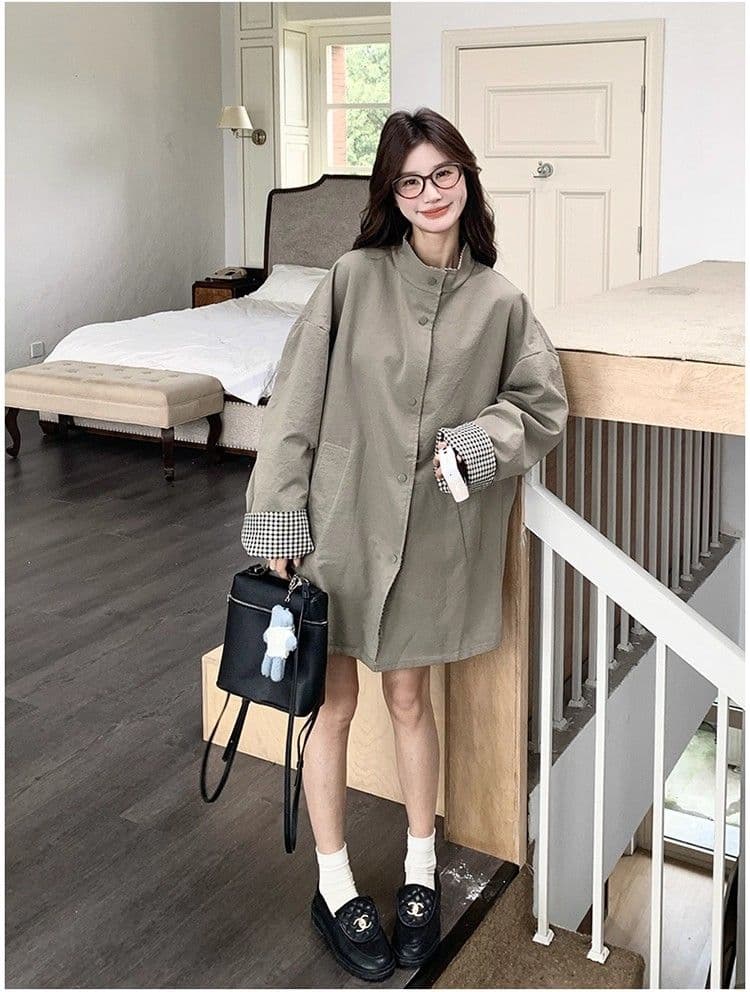 일본식 레트로 스탠드 칼라 고급 착용 체크무늬 바람막이 여성 코트 가을 겨울 새로운 루즈핏 중간 길이 영국식 바람 코트 상세 이미지 15