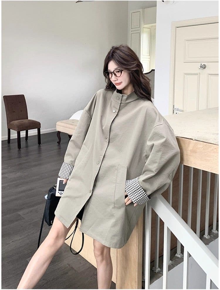 일본식 레트로 스탠드 칼라 고급 착용 체크무늬 바람막이 여성 코트 가을 겨울 새로운 루즈핏 중간 길이 영국식 바람 코트 상세 이미지 16