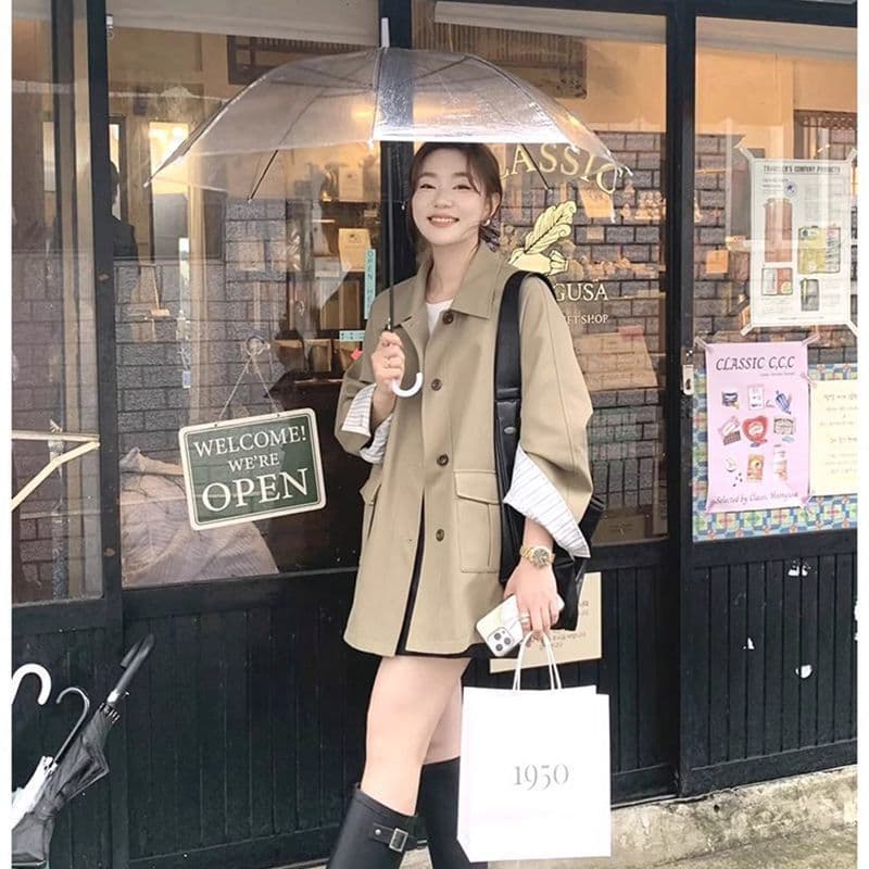 한 부서 레트로 카키 색 중간 길이 바람막이 봄 가을 고급 센스 루즈핏 싱글 줄 버튼 캐주얼 재킷 이미지 5
