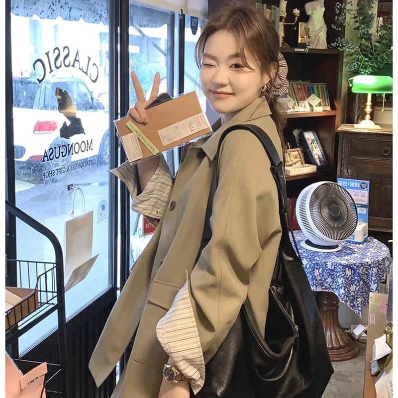 한 부서 레트로 카키 색 중간 길이 바람막이 봄 가을 고급 센스 루즈핏 싱글 줄 버튼 캐주얼 재킷 이미지 4