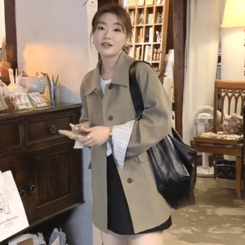 한 부서 레트로 카키 색 중간 길이 바람막이 봄 가을 고급 센스 루즈핏 싱글 줄 버튼 캐주얼 재킷