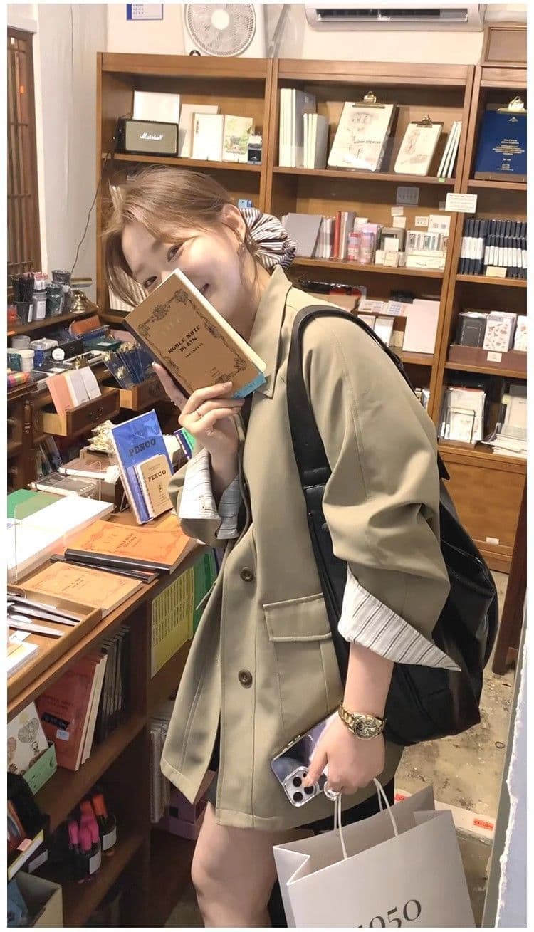 한 부서 레트로 카키 색 중간 길이 바람막이 봄 가을 고급 센스 루즈핏 싱글 줄 버튼 캐주얼 재킷 상세 이미지 3