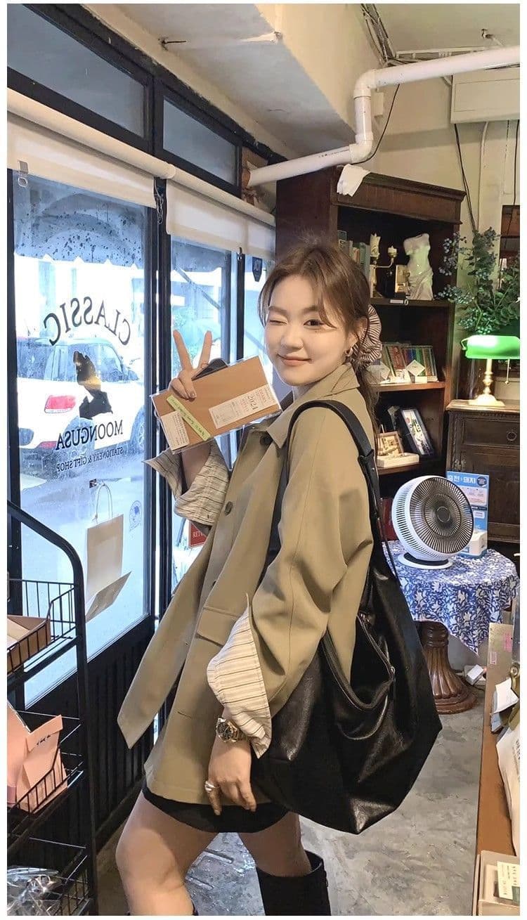 한 부서 레트로 카키 색 중간 길이 바람막이 봄 가을 고급 센스 루즈핏 싱글 줄 버튼 캐주얼 재킷 상세 이미지 4