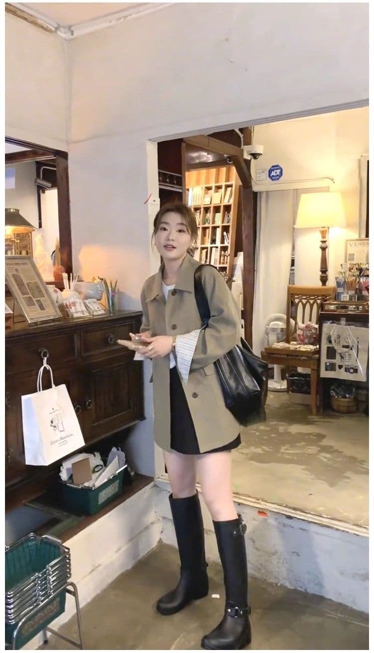 한 부서 레트로 카키 색 중간 길이 바람막이 봄 가을 고급 센스 루즈핏 싱글 줄 버튼 캐주얼 재킷 상세 이미지 5