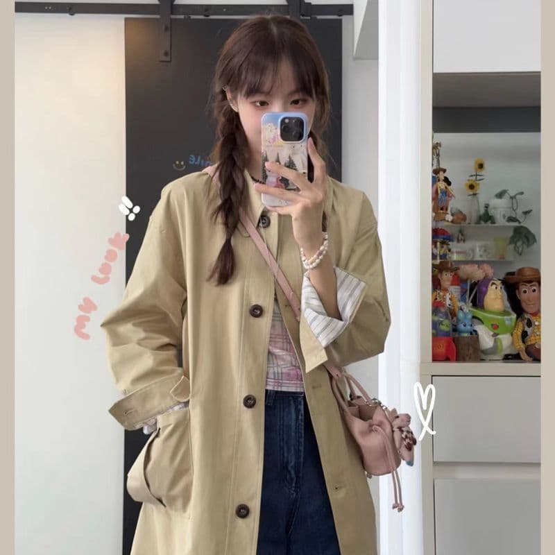 카키 색 슈퍼 잘 생긴 바람막이 여성 코트 중간 길이 봄 가을 프랑스식 루즈핏 캐주얼 품격 코트