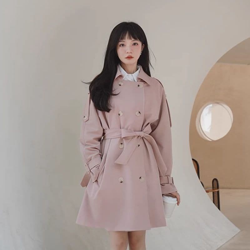 핑크색 chic 바람막이 여성 코트 중간 길이 봄 가을 한국 스타일 루즈핏 고급 센스 작은 키 코트 이미지 2