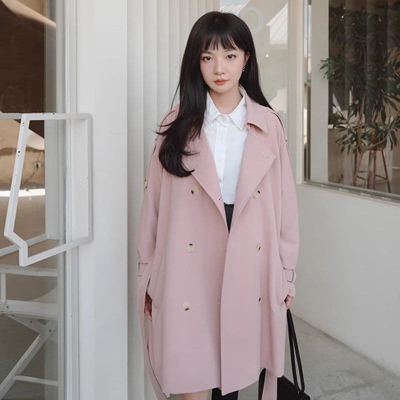 핑크색 chic 바람막이 여성 코트 중간 길이 봄 가을 한국 스타일 루즈핏 고급 센스 작은 키 코트 이미지 5