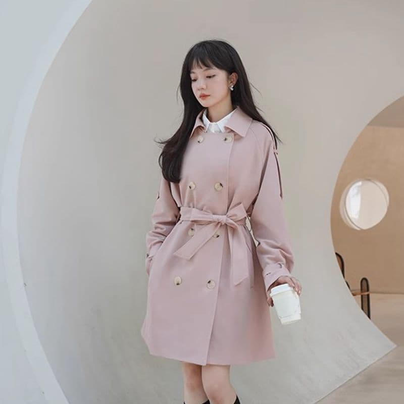 핑크색 chic 바람막이 여성 코트 중간 길이 봄 가을 한국 스타일 루즈핏 고급 센스 작은 키 코트