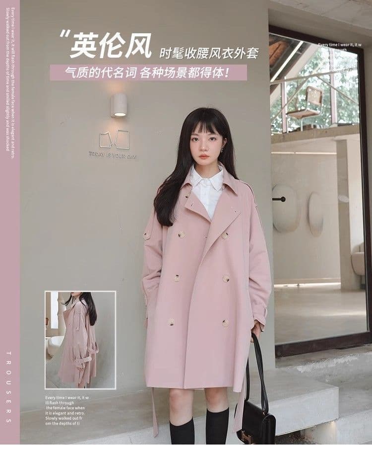 핑크색 chic 바람막이 여성 코트 중간 길이 봄 가을 한국 스타일 루즈핏 고급 센스 작은 키 코트 상세 이미지 1