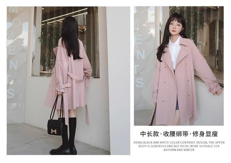 핑크색 chic 바람막이 여성 코트 중간 길이 봄 가을 한국 스타일 루즈핏 고급 센스 작은 키 코트 상세 이미지 3