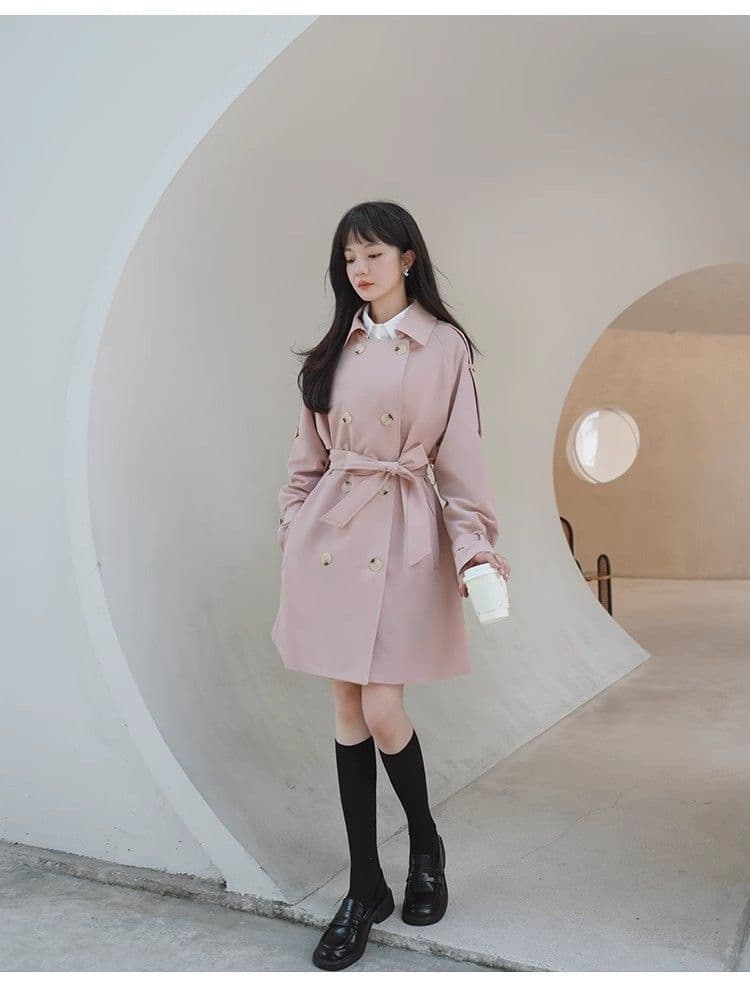 핑크색 chic 바람막이 여성 코트 중간 길이 봄 가을 한국 스타일 루즈핏 고급 센스 작은 키 코트 상세 이미지 8