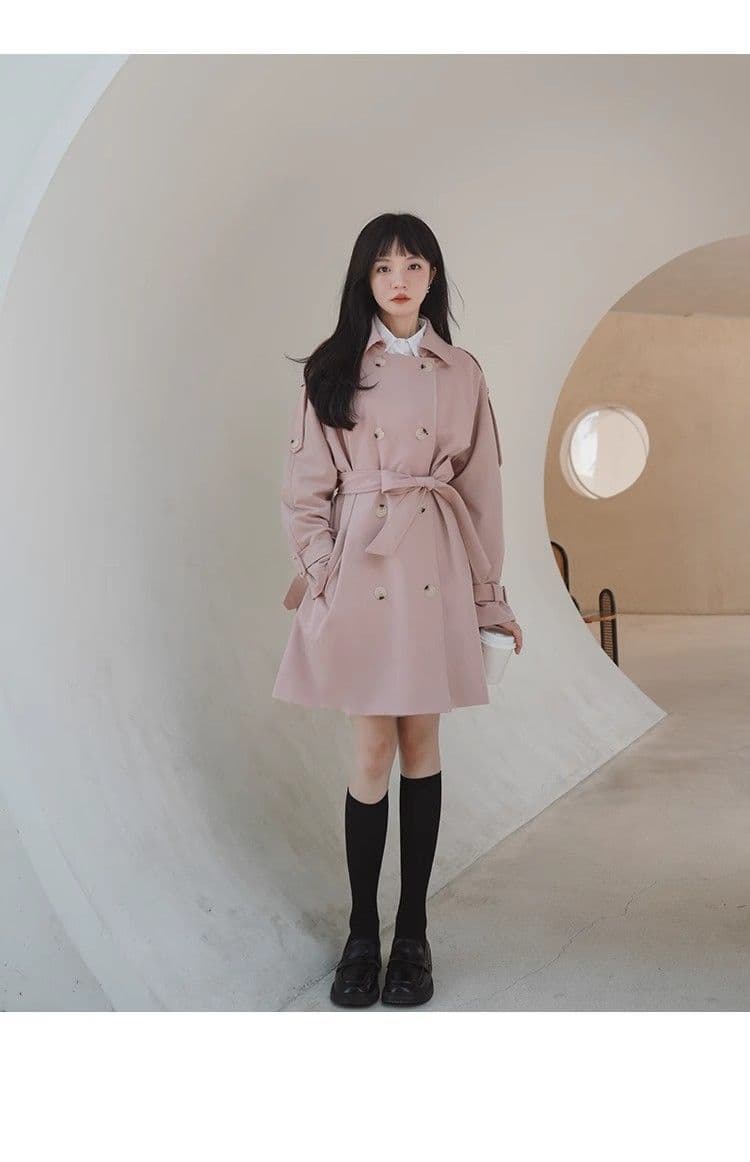 핑크색 chic 바람막이 여성 코트 중간 길이 봄 가을 한국 스타일 루즈핏 고급 센스 작은 키 코트 상세 이미지 10