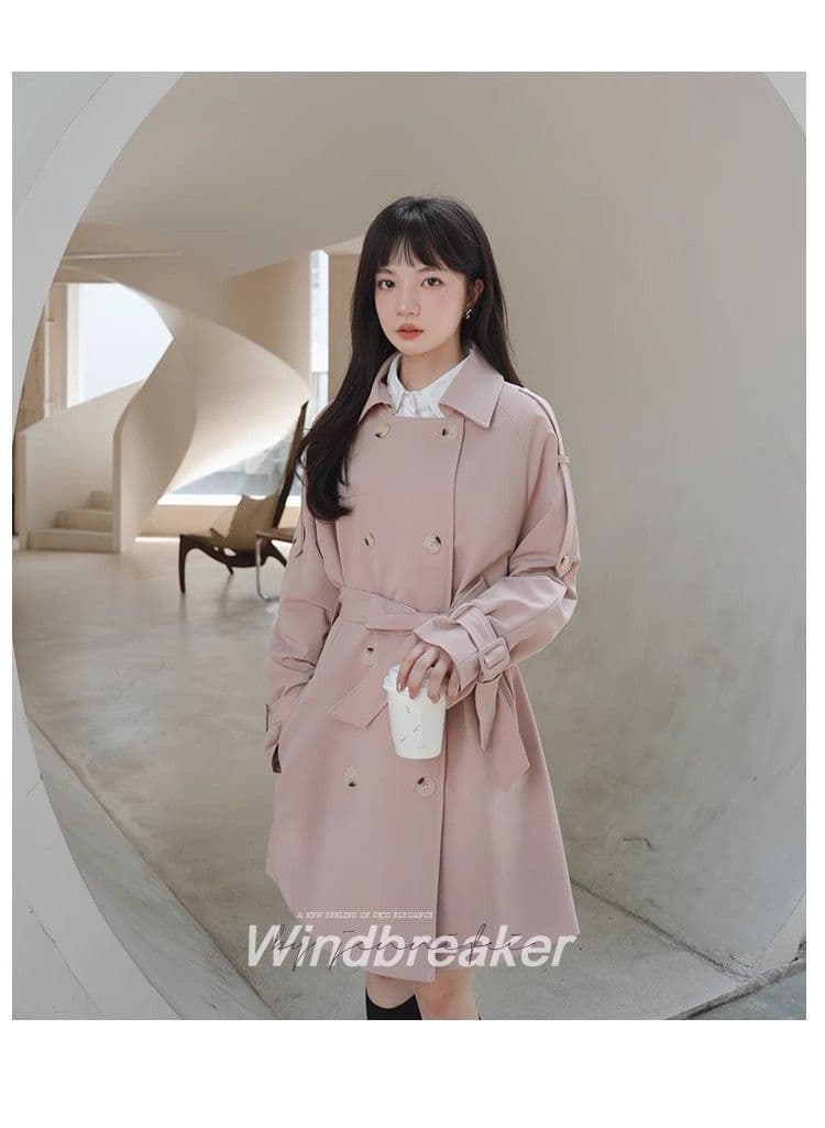 핑크색 chic 바람막이 여성 코트 중간 길이 봄 가을 한국 스타일 루즈핏 고급 센스 작은 키 코트 상세 이미지 12