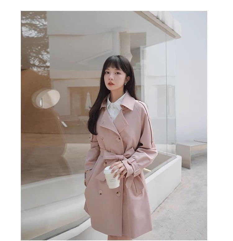 핑크색 chic 바람막이 여성 코트 중간 길이 봄 가을 한국 스타일 루즈핏 고급 센스 작은 키 코트 상세 이미지 13