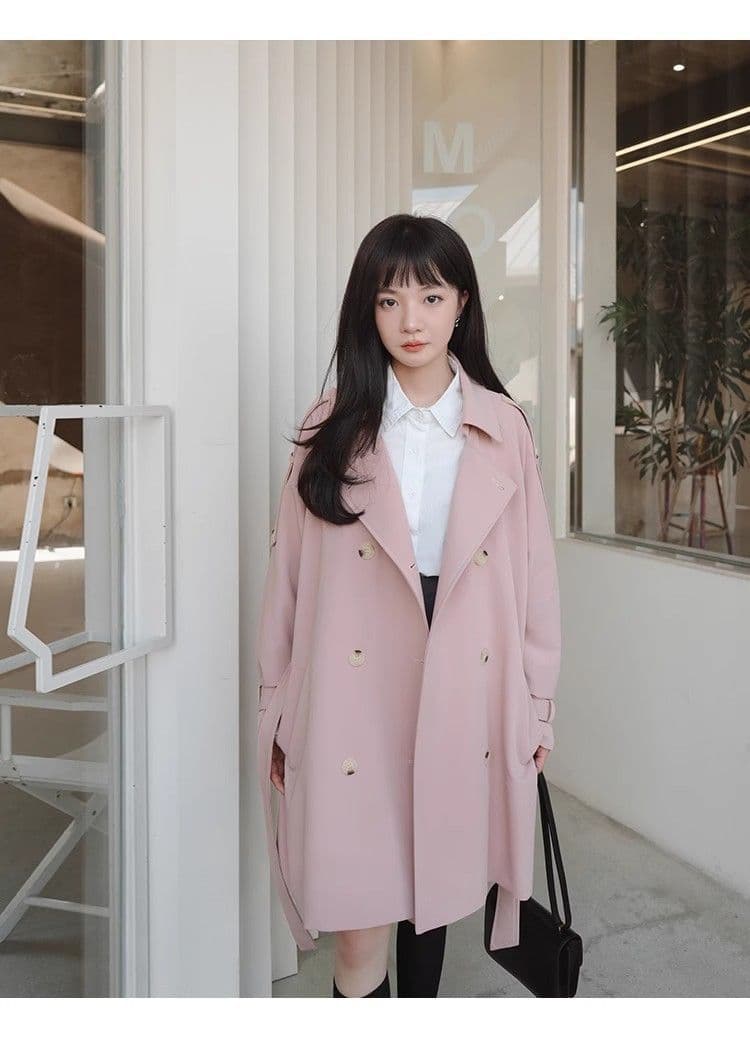 핑크색 chic 바람막이 여성 코트 중간 길이 봄 가을 한국 스타일 루즈핏 고급 센스 작은 키 코트 상세 이미지 17
