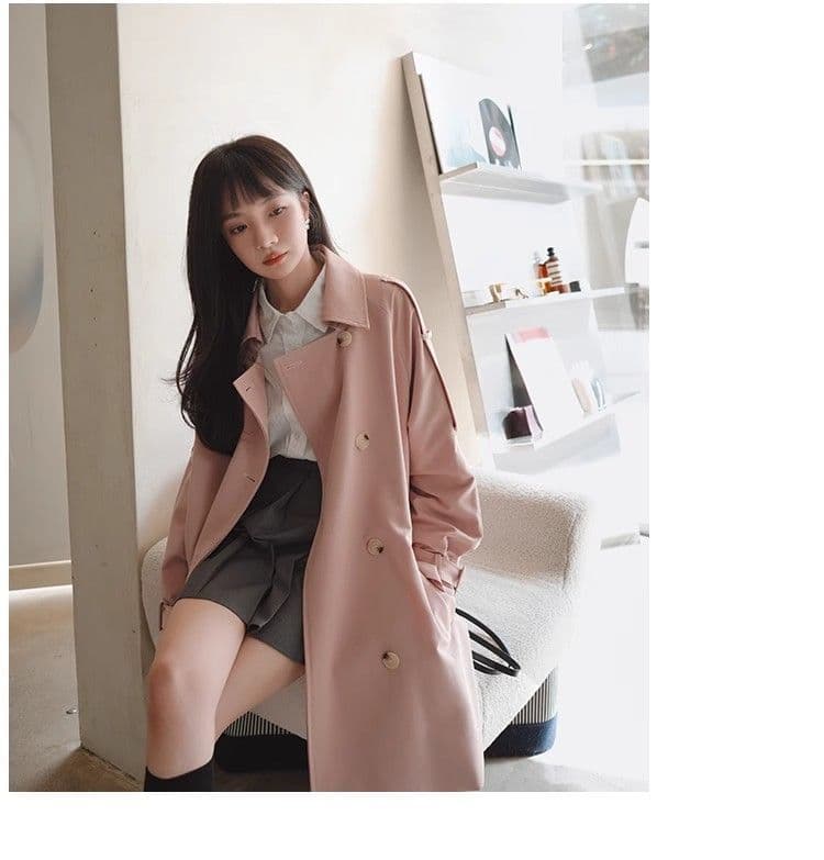핑크색 chic 바람막이 여성 코트 중간 길이 봄 가을 한국 스타일 루즈핏 고급 센스 작은 키 코트 상세 이미지 20