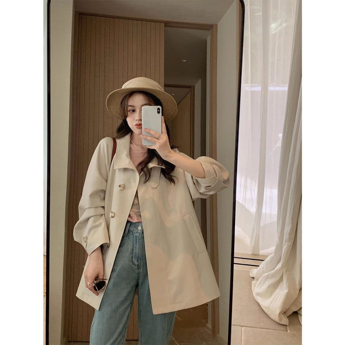 캐주얼 다용도 루즈핏 종류 긴팔 싱글 줄 버튼 바람막이 미니멀리즘 숙녀 작은 키 오픈 가디건 여성 코트 상세 이미지 1