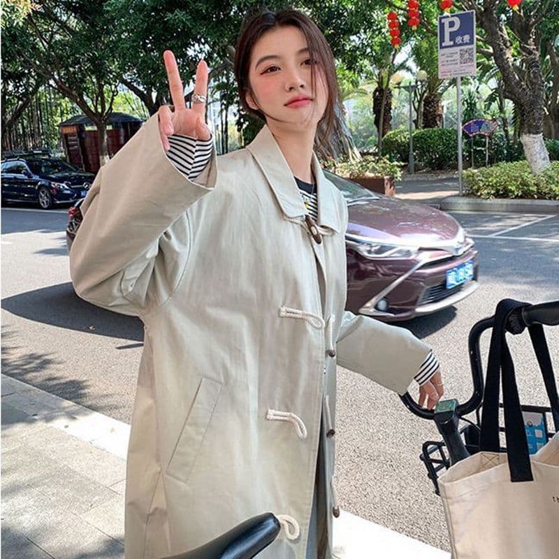 한국 스타일 학원 스타일 소뿔 버클 롱 코트 미니멀리즘 캐주얼 일본식 워크웨어 바람 다용도 바람막이 여성 코트 이미지 2