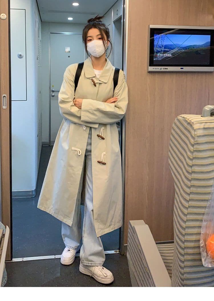 한국 스타일 학원 스타일 소뿔 버클 롱 코트 미니멀리즘 캐주얼 일본식 워크웨어 바람 다용도 바람막이 여성 코트 상세 이미지 6