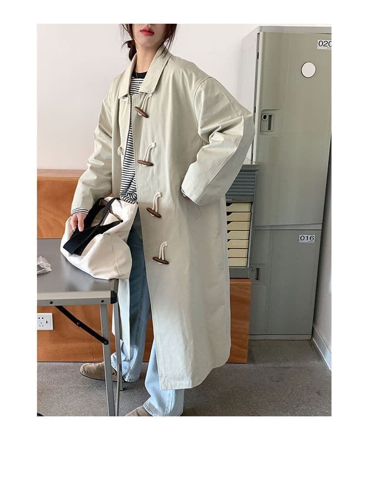 한국 스타일 학원 스타일 소뿔 버클 롱 코트 미니멀리즘 캐주얼 일본식 워크웨어 바람 다용도 바람막이 여성 코트 상세 이미지 16