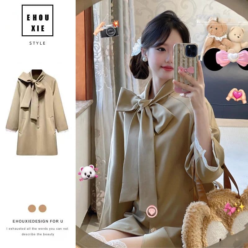 품질 바람막이 여자 프랑스식 품격 레트로 부유 한 가족 천 금빛 바람 Chic 나비 매듭 리본 외투