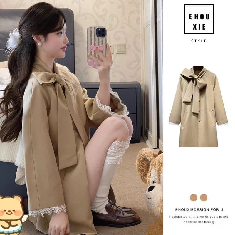 품질 바람막이 여자 프랑스식 품격 레트로 부유 한 가족 천 금빛 바람 Chic 나비 매듭 리본 외투 이미지 5