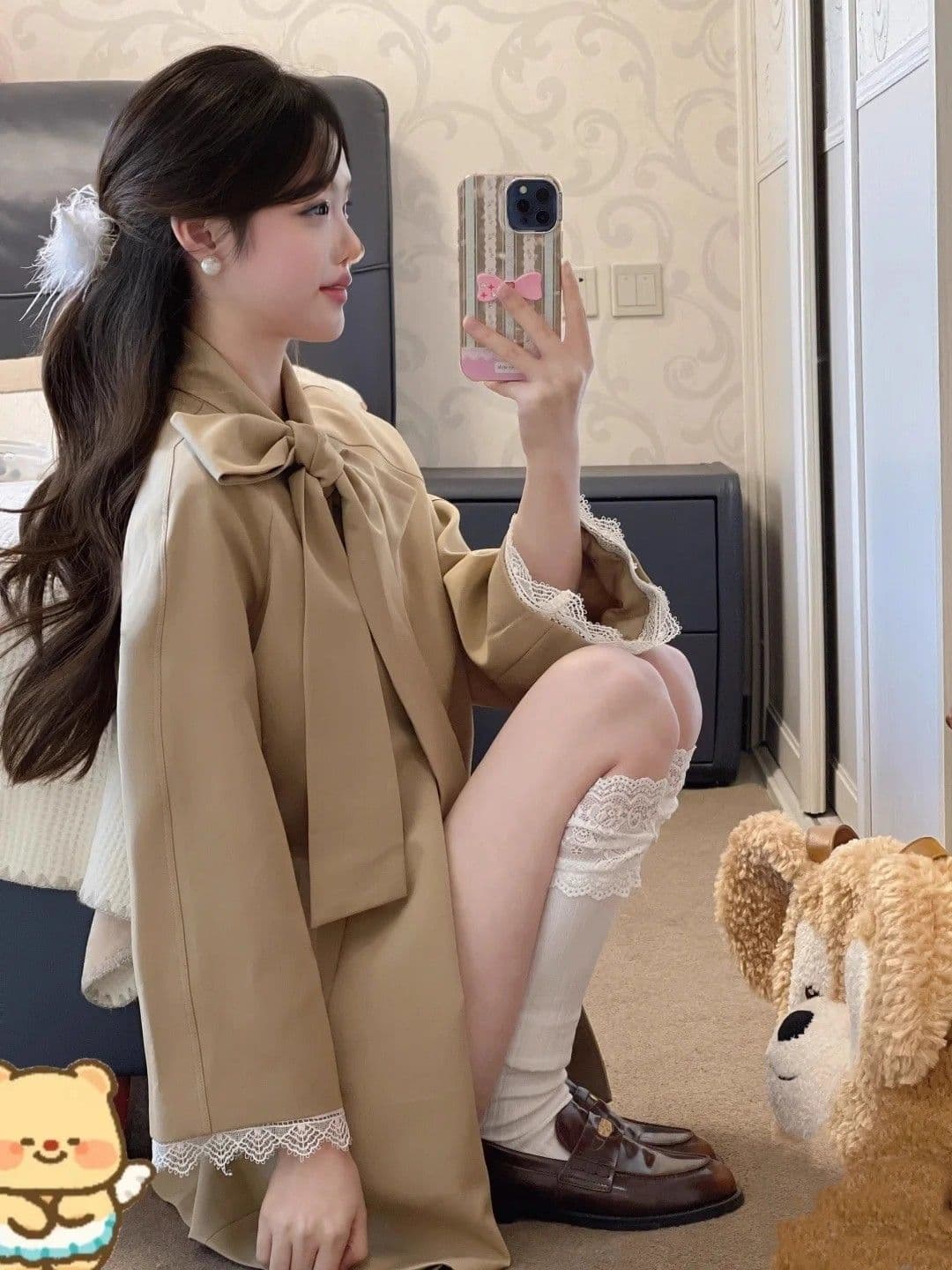 품질 바람막이 여자 프랑스식 품격 레트로 부유 한 가족 천 금빛 바람 Chic 나비 매듭 리본 외투 상세 이미지 3
