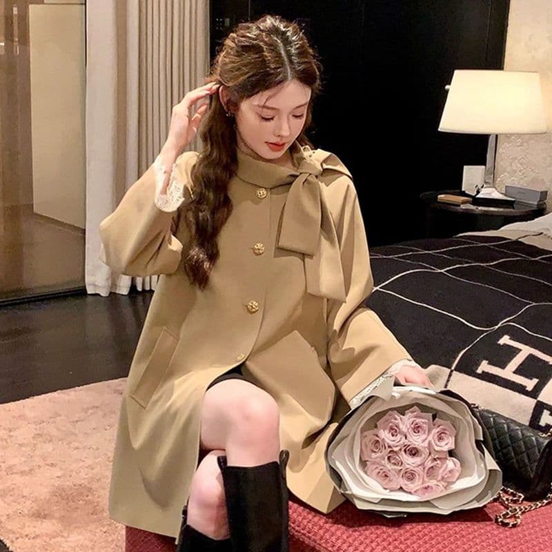 품질 한 부서 레트로 나비 매듭 작은 키 슈퍼 잘 생긴 바람막이 여성 부드러운 바람 디자인 센스 새로운 재킷