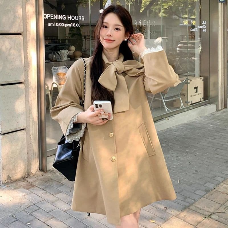 품질 달콤함 프랑스식 천 금빛 바람 나비 매듭 재킷 재킷 이른 가을 작은 키 루즈핏 중간 길이 코트
