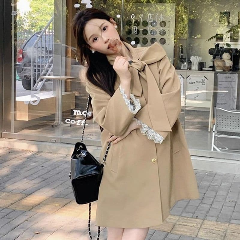 품질 달콤함 프랑스식 천 금빛 바람 나비 매듭 재킷 재킷 이른 가을 작은 키 루즈핏 중간 길이 코트 이미지 3
