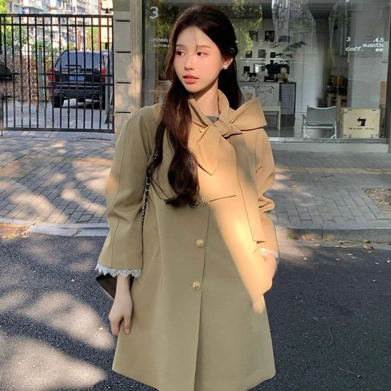품질 달콤함 프랑스식 천 금빛 바람 나비 매듭 재킷 재킷 이른 가을 작은 키 루즈핏 중간 길이 코트 이미지 5