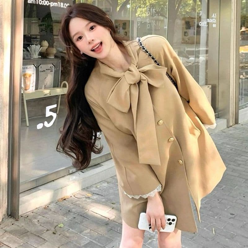 품질 달콤함 프랑스식 천 금빛 바람 나비 매듭 재킷 재킷 이른 가을 작은 키 루즈핏 중간 길이 코트 이미지 2