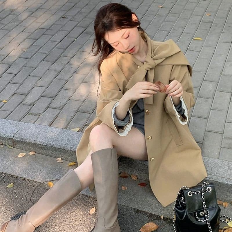 품질 달콤함 프랑스식 천 금빛 바람 나비 매듭 재킷 재킷 이른 가을 작은 키 루즈핏 중간 길이 코트 이미지 4