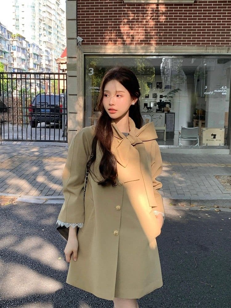 품질 달콤함 프랑스식 천 금빛 바람 나비 매듭 재킷 재킷 이른 가을 작은 키 루즈핏 중간 길이 코트 상세 이미지 3