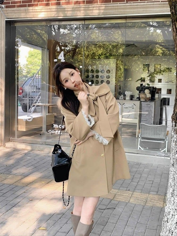 품질 달콤함 프랑스식 천 금빛 바람 나비 매듭 재킷 재킷 이른 가을 작은 키 루즈핏 중간 길이 코트 상세 이미지 4